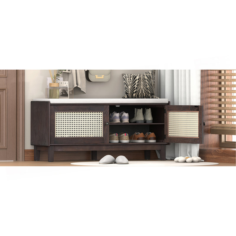 Banc d'entrée en rotin avec rangement Boho, banc à chaussures rembourré avec portes doubles, banc de rangement en bois pour vestibule et couloir (espresso + beige)