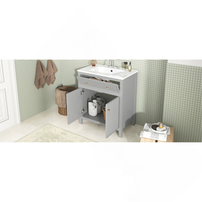 Ensemble de meuble-lavabo simple autoportant avec portes à fermeture douce 30 po avec lavabo en céramique, style moderne, gris