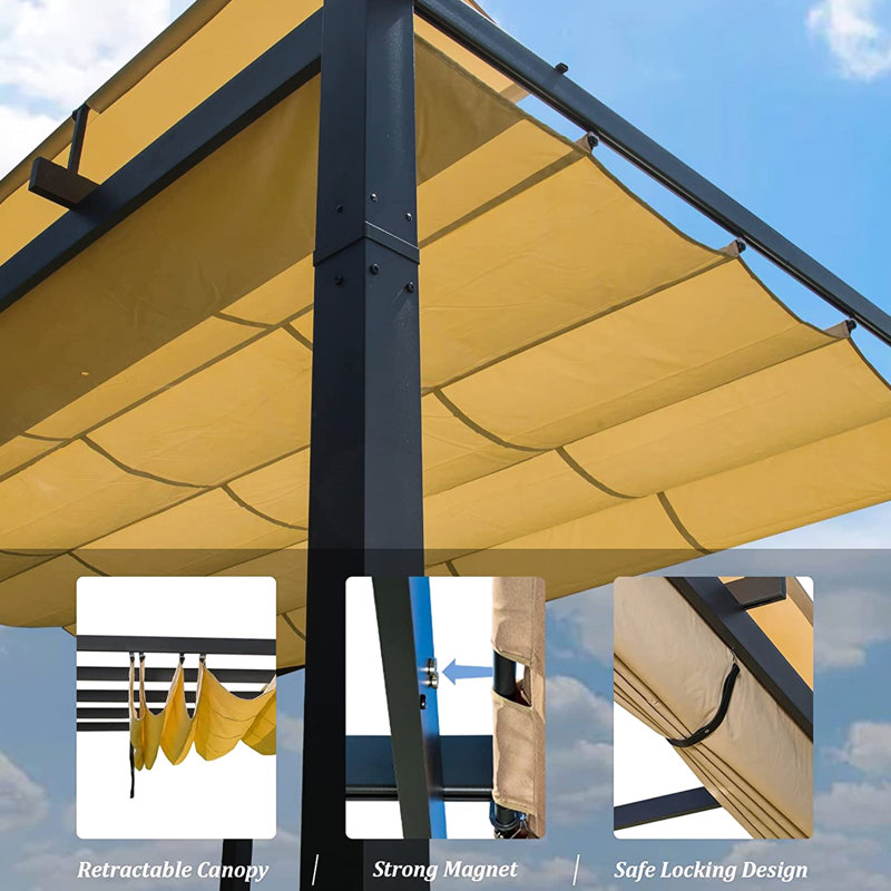 Pavillon de jardin d'extérieur en aluminium - Pare-soleil rétractable pour fête, mariage. Fabrication, conception murale. Vidange d'eau. -. Gris foncé avec abat-jour Fabrication, résistance. Jardin idéal, patio, cour arrière