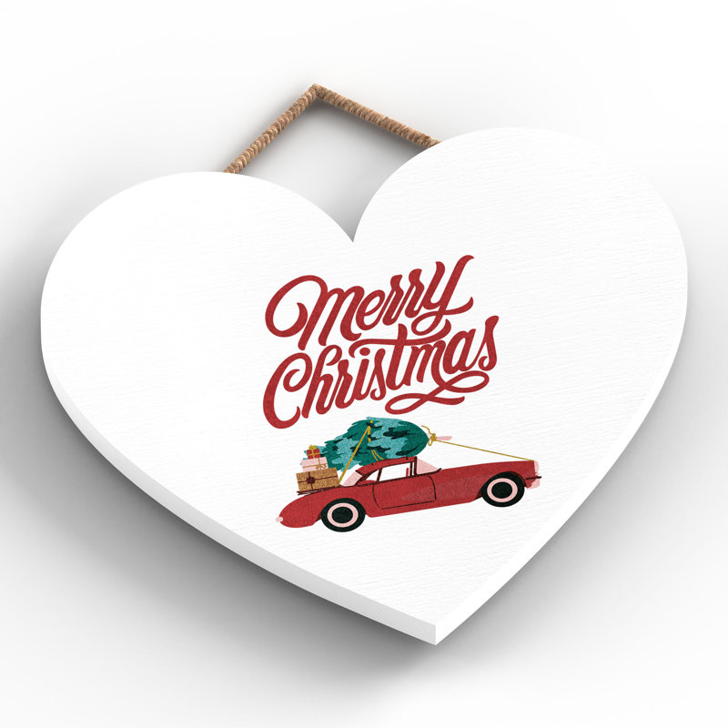 Xmas Merry Christmas Car Wooden Heart Plaque, 16cm H x 17cm W x 0.9cm D