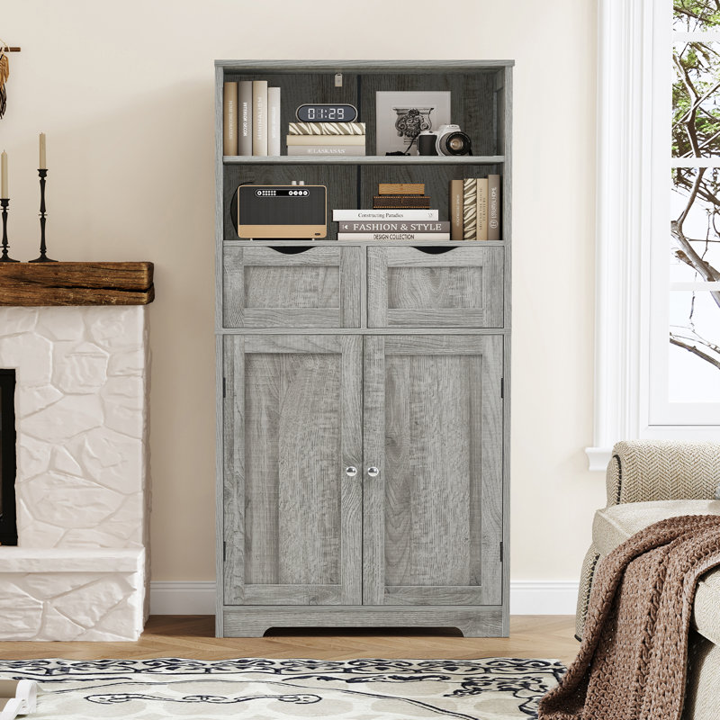 Bolten 49.4in Accent Rattan Cabinet,Storage Cabinet, Bathroom Storage Cabinet with 2 Drawer, Gray