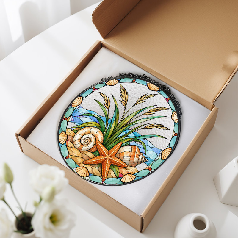 Toile vitrail orange avec coquillages de mer et plage, H 12 po