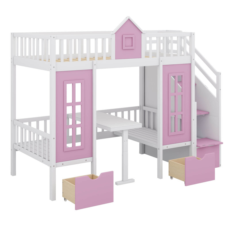 Lit superposé convertible en bois avec escalier et tiroirs Anela, Lit superposé simple sur simple, Pink
