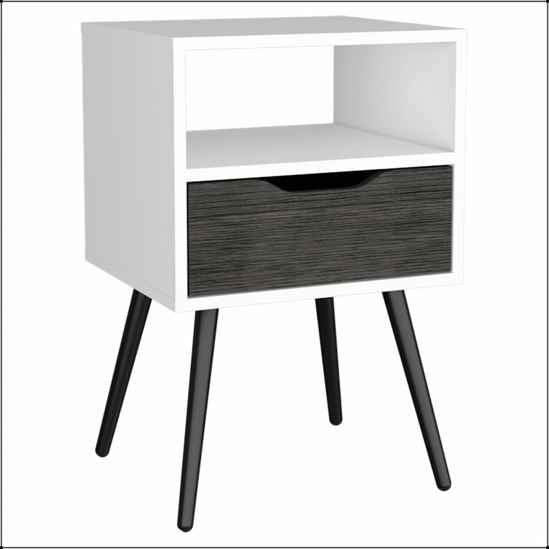 Table de chevet élégante avec plateau supérieur, une tablette ouverte, un tiroir et quatre pieds en métal pour les chambres à coucher modernes