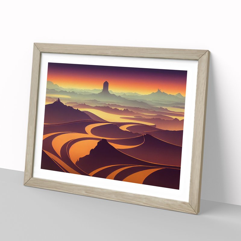 Art Deco Sunset Landscape - Single Picture Frame Print, 34cm H x 46cm W, Grey