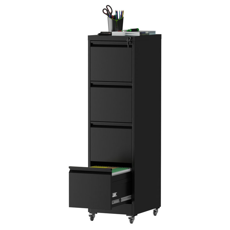 4 Drawer Metal Locking Vertical File Cabinet On Wheels, Black - Tilt Feature, Adjustable Hanging Bar For Mixed Sizes Lockable Wheels Primary Living Space Corrosion , Full Extension Drawers