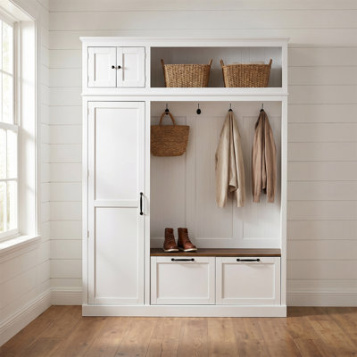 Multifunctional Entryway Storage Cabinet Featuring An Overhead Storage Compartment, 3 Adjustable Side Shelves, 4 Heavy-duty Hooks, 2 Spacious Drawers, A Slotted Back Panel, And A Two-tone Bench