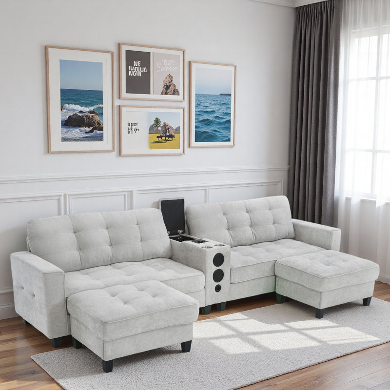 Modern U-shaped Sectional With Movable Storage Ottomans, Multifunctional Console, Bluetooth Speakers And Led Lights