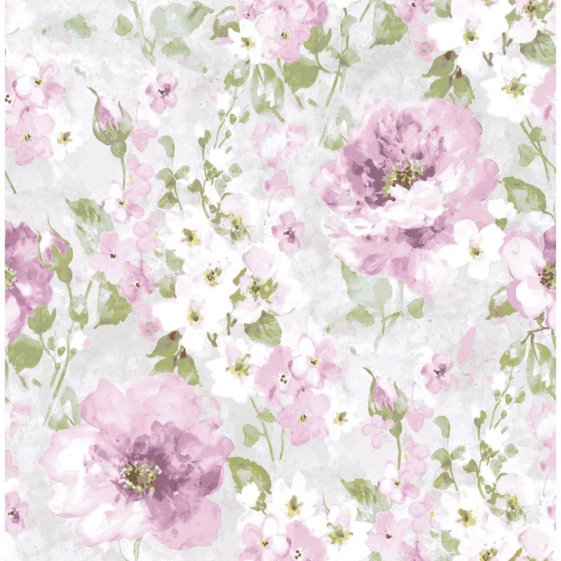 Papier peint à motif floral en grappes métalliques gris et lilas de Seabrook Designs, Bleu / Rose