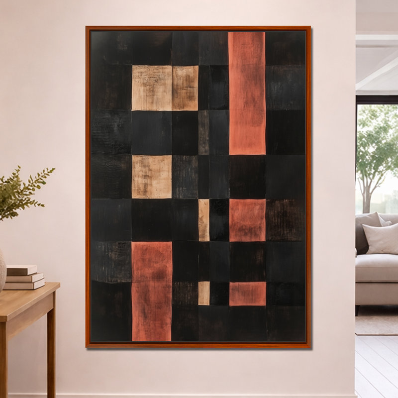 Grille de rouille et de charbon - Tableau abstrait géométrique encadré sur toile, H 60 po x l 40 po, Cadre flottant brun