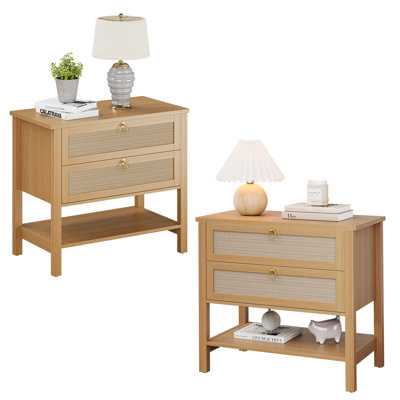 Ensemble de 2 tables de chevet en rotin avec tiroirs et tablettes, tables de chevet étroites, tables d'appoint de style Mid-Century pour chambre à coucher et salon