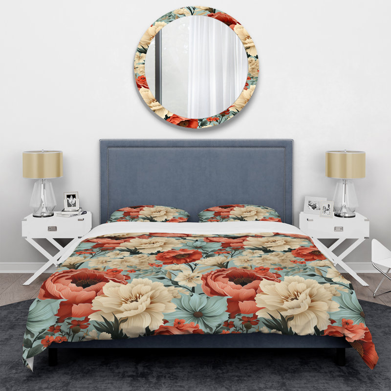 Ensemble de housse de couette Coral Boho Floral Harmony, Housse de couette pour grand lit et 2 taies décor