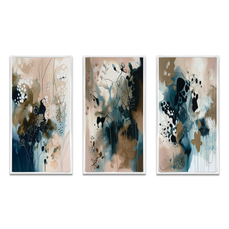 3 pièces sur toile - reflets abstraits bleus, Cadre flottant blanc, H 20 po x l 36 po