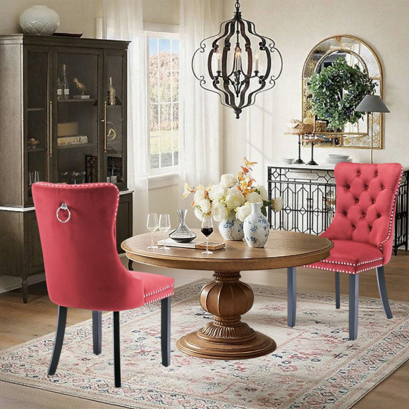 Chaise de salle à manger en velours avec anneau à dossier et pieds en bois massif, Noir, Rouge vin, 2