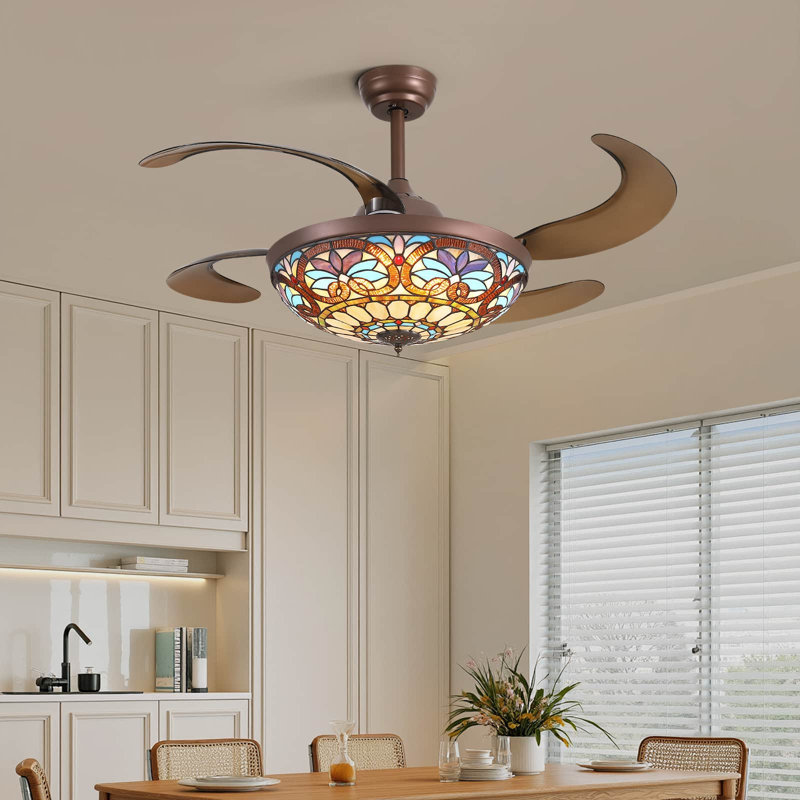 Ventilateur de plafond rétractable d'intérieur de 122 cm (48 po) en verre Tiffany brun, avec variateur et commande par télécommande/application.
