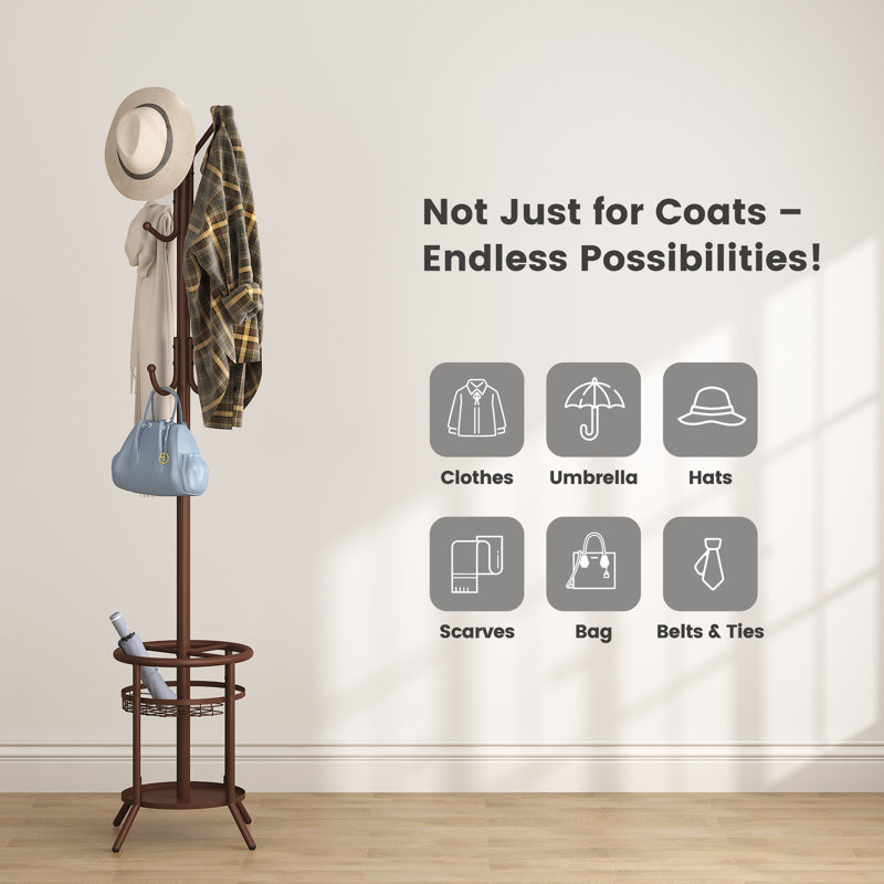 12-Hook Freestanding Metal Coat Rack with Storage Shelf, Circle, Brown