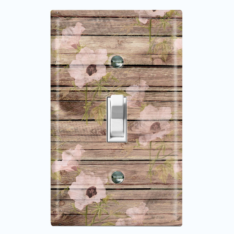 Metal Light Switch Plate Outlet Cover (Natural Wood Print Pink Rose Flower Fence - Single Toggle)