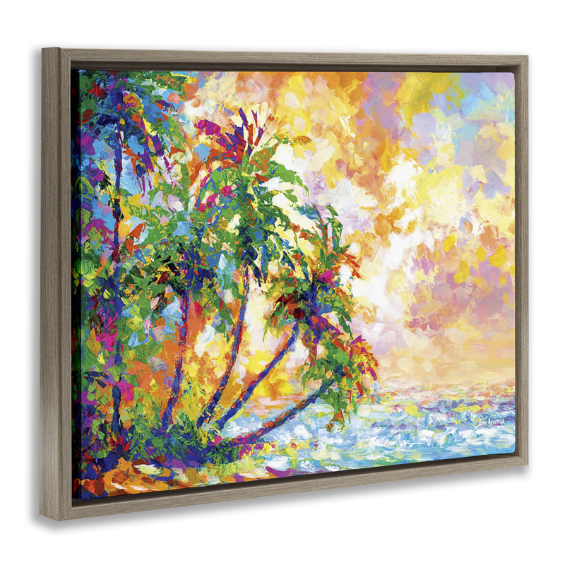 «Full Beach Palms», art mural encadré flottant par Leon Devenice, Cadre flottant orme Montalcino, H 25 po x l 31 po