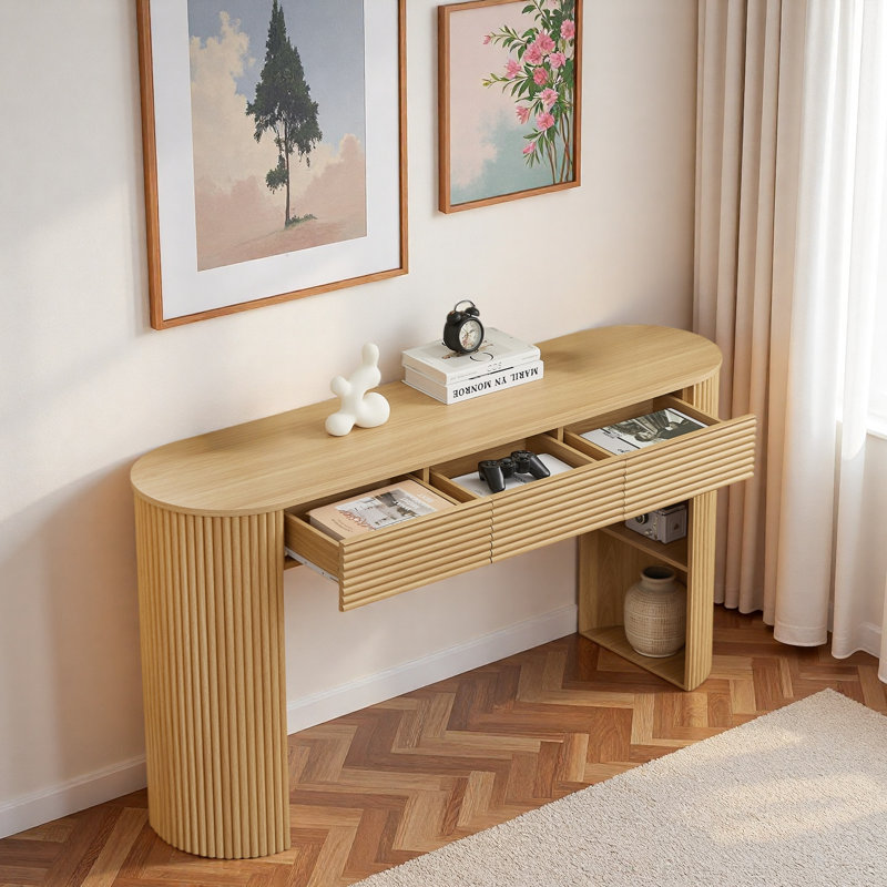 Console rétro avec 3 tiroirs et tablettes de rangement cloisonnées, Naturel