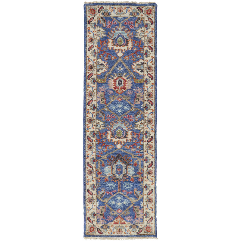 Beall Wool Oriental Area Rug in Blue, Runner 2'6" x 8'