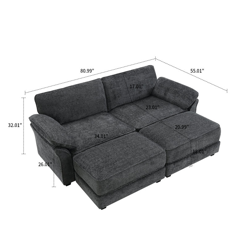 Modern Stylish Chenille Fabric Upholstered Modular Sectional Sofa with a Loveseat and 2 Ottomans, Gray Chenille