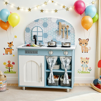 Immersive Wooden Play Kitchen with Removable Sink, Clicking Knobs & Curtained Storage, Realistic Pretend Toys, a Perfect Christmas Gift, to Keep Playroom Tidy (blue)