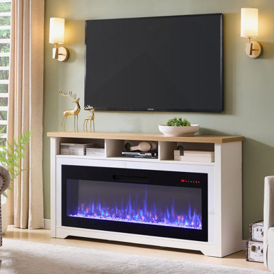 Meuble télé 70 po pour téléviseur de 70 po ou moins, avec foyer électrique intelligent 60 po, blanc