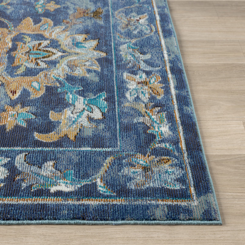 Madrid Blue/Gray/Gold Floral Traditional Indoor Performance Area Rug, Rectangle 1'10" x 3'