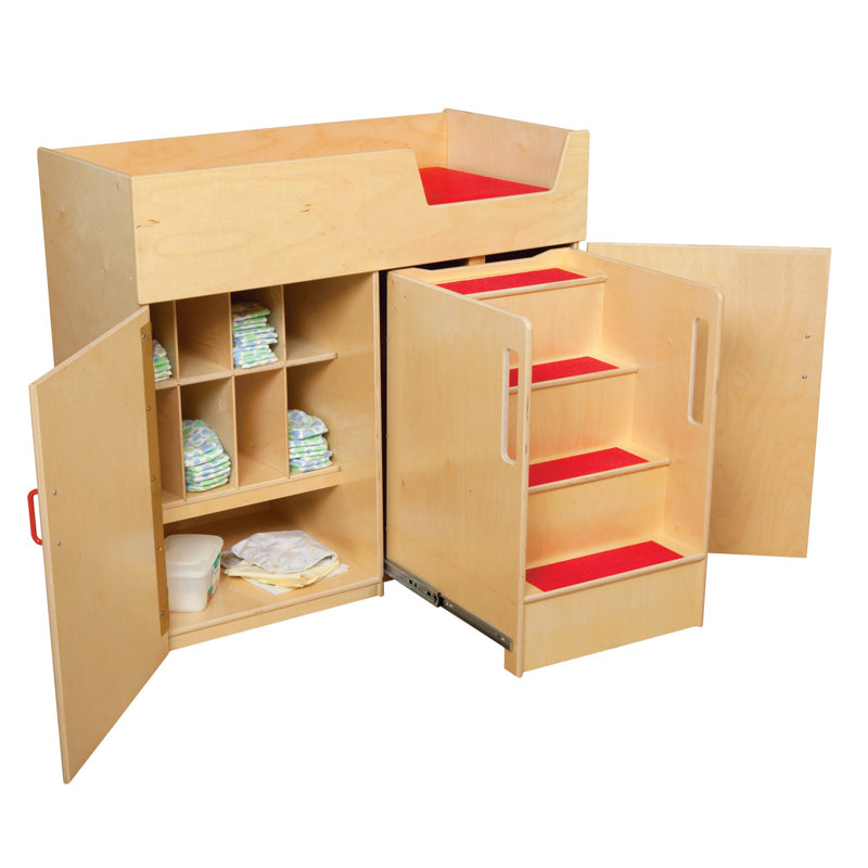 Red Birch Plywood Changing Table with Safety Strap and Vinyl Pad
