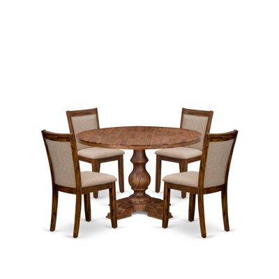 5-Pc Kitchen Set Includes a Pedestal Breakfast Table and 4 Light Tan Linen Fabric Fabric Dining Chairs with Padded Back - Antique Walnut