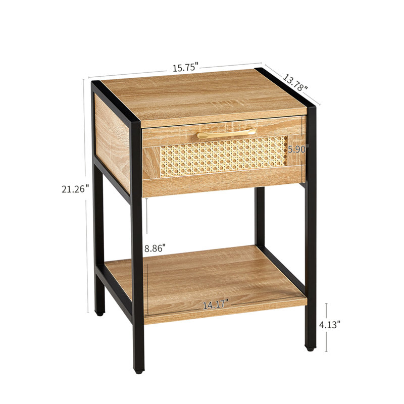 Natural Rattan and MDF Nightstand with Metal Legs and Storage