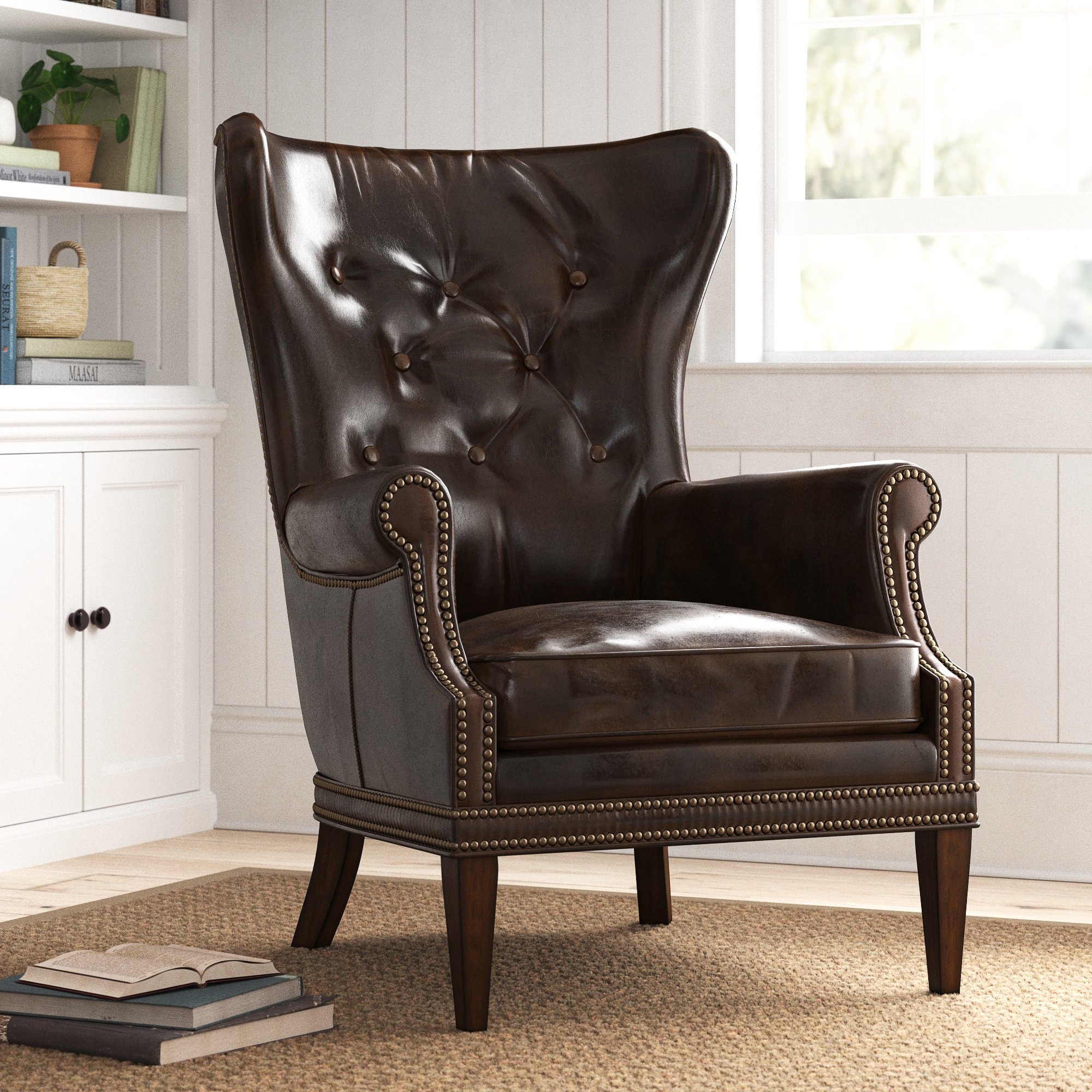 Maya Upholstered Wingback Chair, Memento Event Dark Brown Genuine Leather
