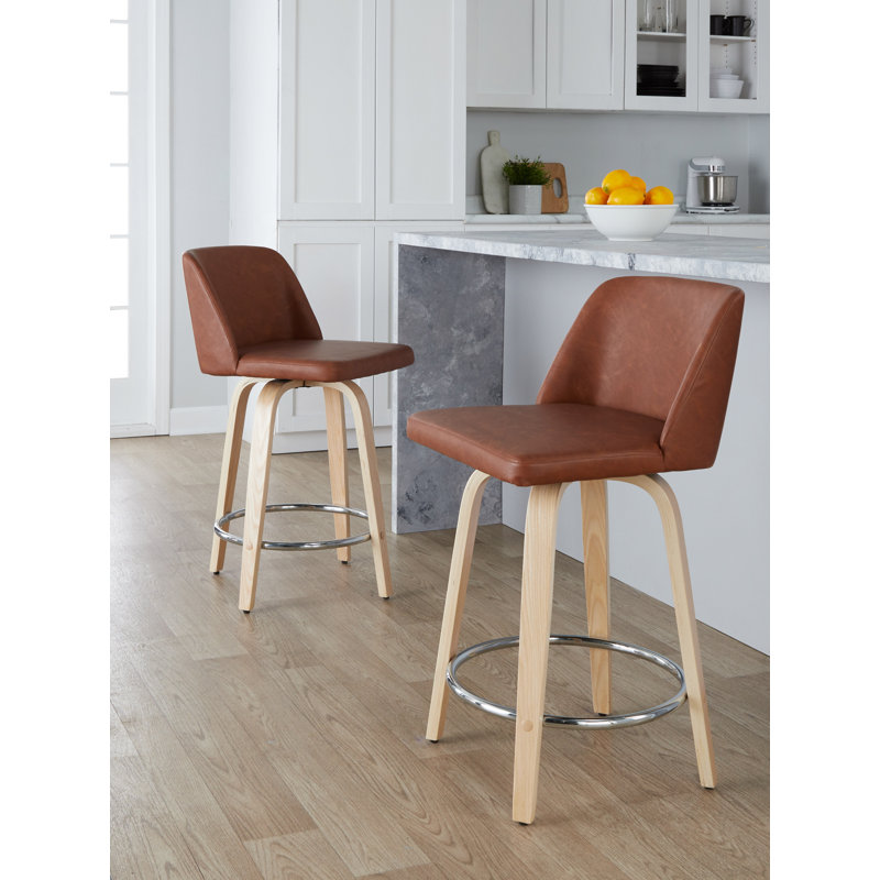 Thea 24" Fixed-Height Counter Stools with Bent Wood Legs & Round Footrest, Natural/Chrome, Camel Faux Leather
