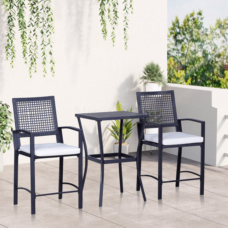 3Pc Bar Set Wicker S Patio With Soft Cushion, Rattan Outdoor Furniture Set For Backyards Lawn Deck Poolside, White