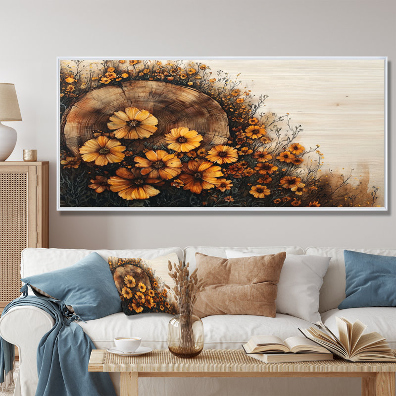 Fleurs sauvages sur une rivière en bois - Art mural, H 28 po x l 60 po, Impression encadrée flottante, Blanc