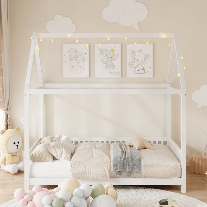 Wood House Bed with Guardrail and LED, Full