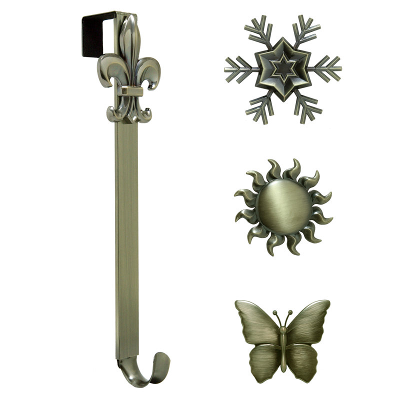 Adjustable Length Wreath Hanger with 4 Interchangeable Icons, Antique Brass