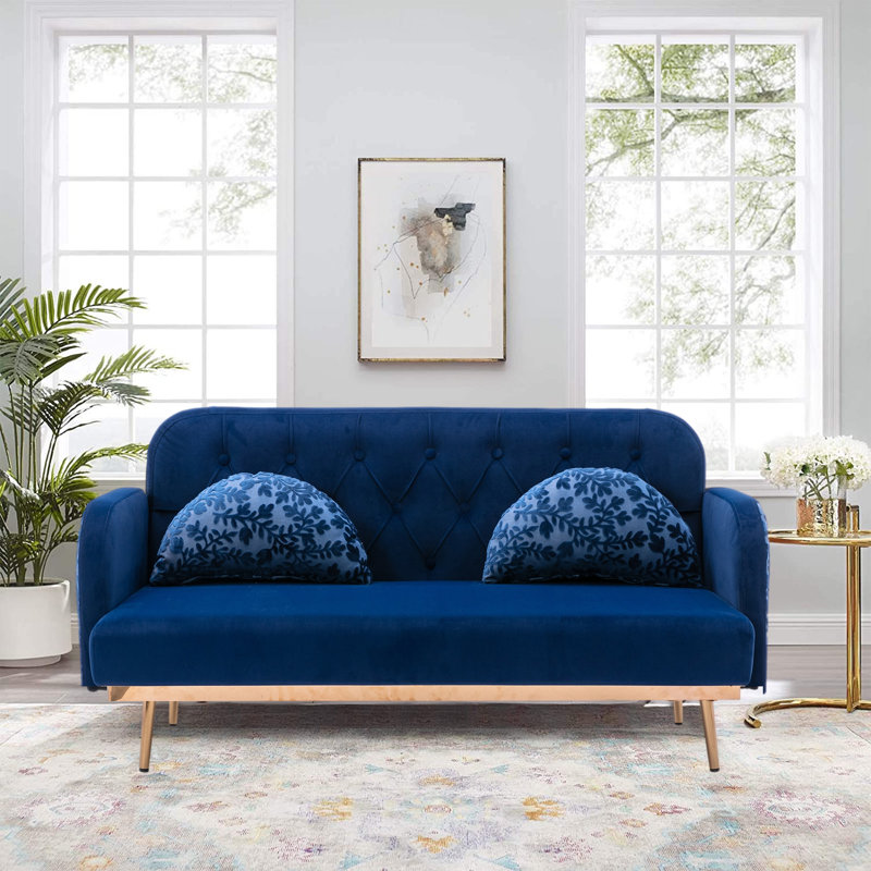 Canapé à accoudoirs carrés en velours 55 po Rhodena, Velours bleu marine