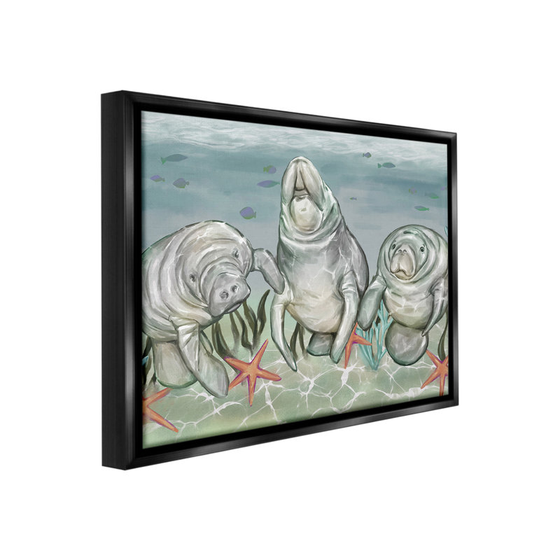 «Underwater Manatees & Starfish Floater Frame» par Ziwei Li sur toile, H 25 po x l 31 po, Cadre flottant noir de jais