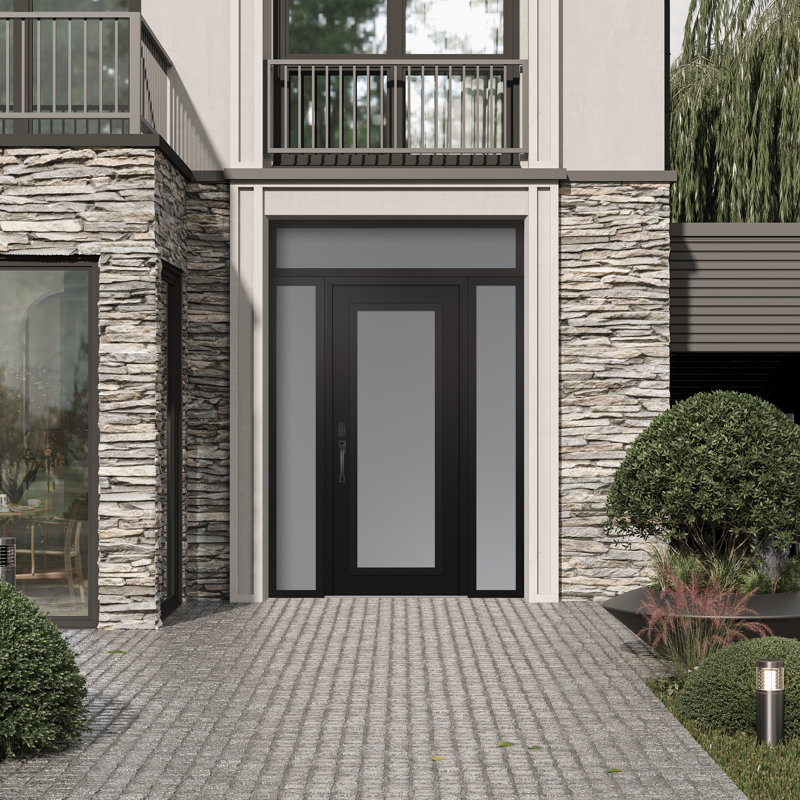 Panneau d'entrée en acier noir et blanc avec 2 panneaux latéraux et porte d'entrée avant suspendue, L 69 po x H 95,69 po, Oui