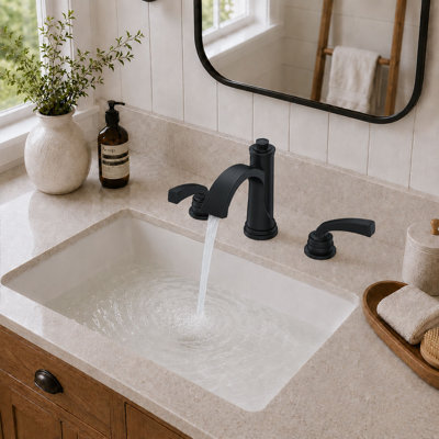 Waterfall 8 In. Widespread Double-Handle Black Bathroom Faucet Set 3-Holes Vanity Sink With Metal Drain In Matte Black