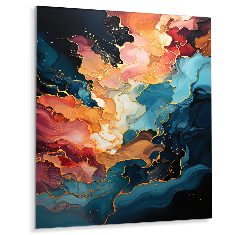 Rose et bleu tourbillonnant, peinture fluide III - Art mural abstrait en métal, H 20 po x l 12 po x P 1 po