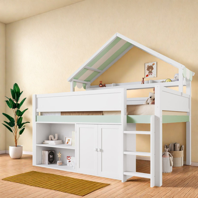 Lit mezzanine spacieux avec rangement, conception en bois massif pour une vie familiale moderne