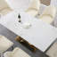 Table de salle à manger en pierre de 71 pouces de couleur blanche Carrara avec base piédestal en acier au carbone de forme spéciale