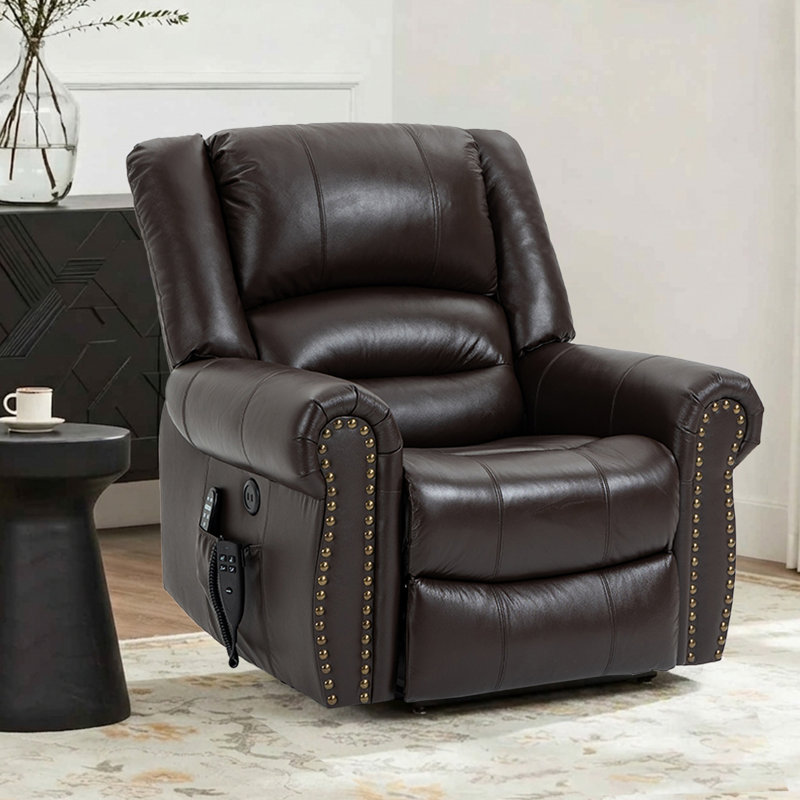 Katrein Lay Flat Leather Match Power Lift Recliner with Massager and Heat, Infinite Position, Dark Brown Leather Match