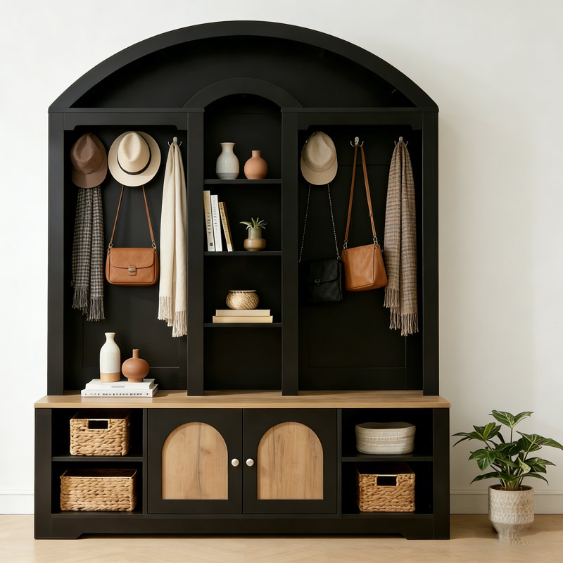 Entryway Storage Bench Hall Tree With Curved Design, Shoe Cabinets, Hooks, And Open Shelves, Black