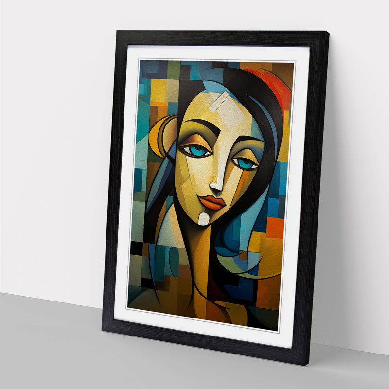 Indian Woman Cubism Art - Framed Print, 46cm H x 34cm W x 2cm D, Black Framed