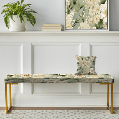 Charme de maison de campagne blanc antique - banc rembourré floral doré