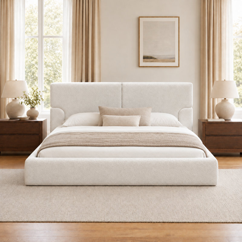Cadre de lit plateforme avec tête de lit rembourrée en tissu texturé, design métallique discret, sans grincements, Grand lit