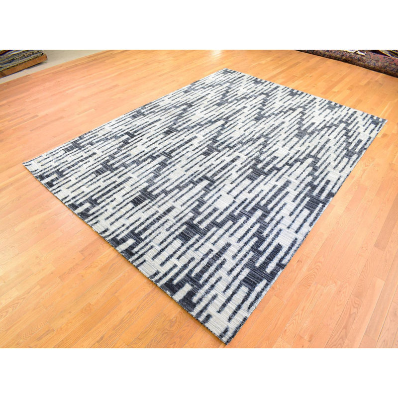 Tapis en laine pure et texturée 9 pi x 12 pi noir et blanc à motif zigzag 8625D22F27E04E1EAB000D7A90DD8FB7